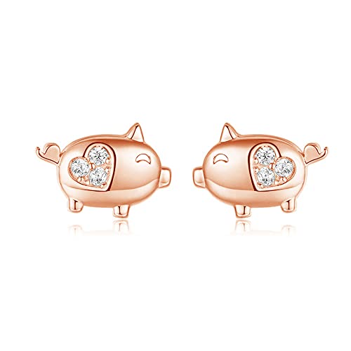 Crystal Love Heart Cute Pig Sterling Silver Studs Earrings for Women Sensitive Ears Tiny Animal Pet Lucky Post 14K Rose von NZVCQVPU