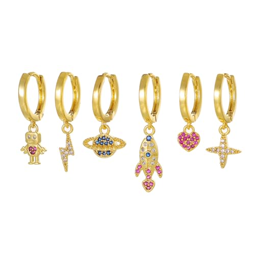 Hoop Stud Stapel Ohrringe Set für Frauen farbenfrohe Huggie Multiple durchdringende asymmetrische Knorpel Universum Space Flugzeug Herzohrringe von NZVCQVPU