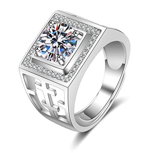 NZVCQVPU 14K White Rings for Men, Men's Wedding Rings Adjustable Wide Signet Hollow Design Square with Round Lab Diamond and Moissanite Wedding Bands White von NZVCQVPU