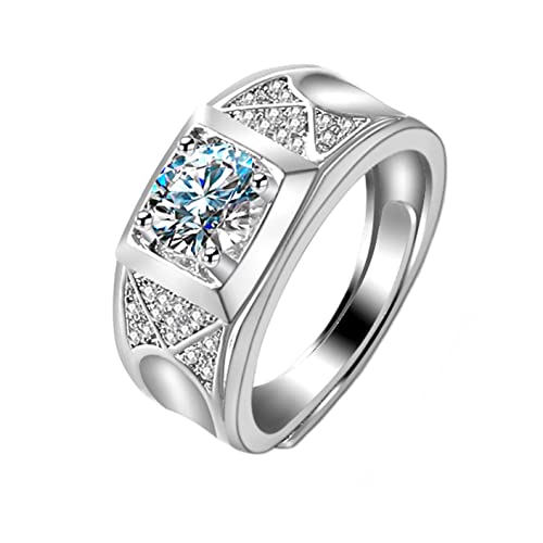 NZVCQVPU 18K White Ring for Men, Men Promise Ring Adjustable Wide Geometric 4 Prong 1ct Round Lab Diamond and Moissanite Wedding Bands White von NZVCQVPU