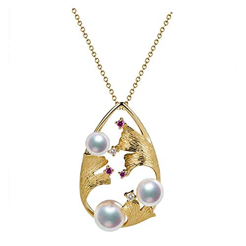 NZVCQVPU 18k Yellow Ginkgo Leaf White Round 0.09CT Diamond with White Round Pearl Necklace for Women Pendant Necklace 18 Inch von NZVCQVPU