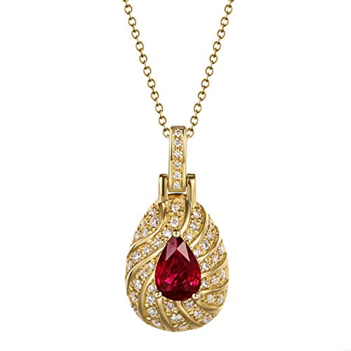 NZVCQVPU 18k Yellow Wave Red Pear 0.56CT Ruby with White Round 0.22CT Diamond Necklace for Women Pendant Necklace 18 Inch von NZVCQVPU