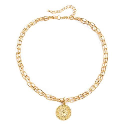 NZVCQVPU 2 Layered Necklaces for Womens, Womens Necklace for Wedding Adjustable White Plated Oval Link Chain Necklace with Round Pendant von NZVCQVPU