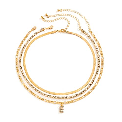 NZVCQVPU 3 Layer Necklaces for Women, Bohemian Jewelry for Women Necklace Adjustable Plated Figaro Chain and Tennis Necklace with Initials E Pendant von NZVCQVPU