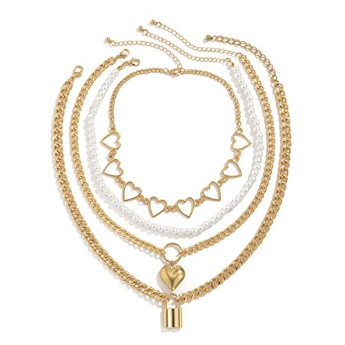 NZVCQVPU 4 Chain Necklace for Women, Layered Necklaces for Women Vintage Adjustable Plated Cuban Chain Necklace with Heart and Lock Pendant von NZVCQVPU