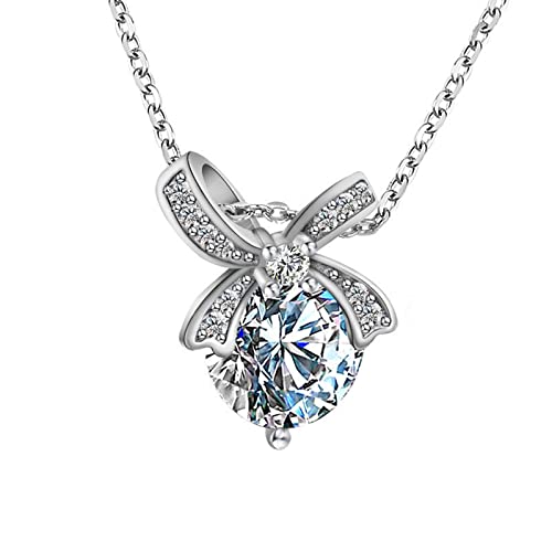 NZVCQVPU 9K White Necklace Chain for Women, Charm Choker Dainty Necklaces Bowknot with Round Lab Diamond Pendant Necklace for Women White von NZVCQVPU