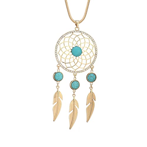 NZVCQVPU Vintage-Kette aus Naturstein für Frauen, Kristall, Federn, lange Sweater Femme von NZVCQVPU