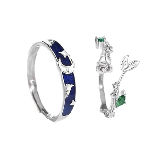 Versprechen Ring Personalisierte Paarringe Ehering, Paar Verlobungsring Sterling verstellbar, rund mit Moonstern und Blumenringen von NZVCQVPU