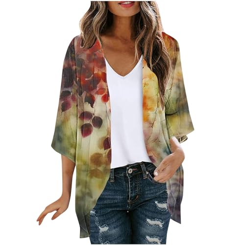 3/4 Arm Bluse Damen Angebote des tages heute Chiffon Strickjacke Damen Vintage Cardigan Sommer Bolero Blatt Druck Jacke Dünne Sommerjacke 3/4 Arm Bluse Lang Blouson Locker Top Longshirt Blusen von NZYIHAO
