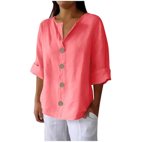 Angebote des Tages Heute Musselin Bluse Damen 3/4 Arm Shirt mit Knöpfen V-Ausschnitt Leinenbluse Elegant Tshirt Sommer Top Baumwolle Leinen Oberteile Große Größen Hemdbluse Leichte Tunika Blusen von NZYIHAO