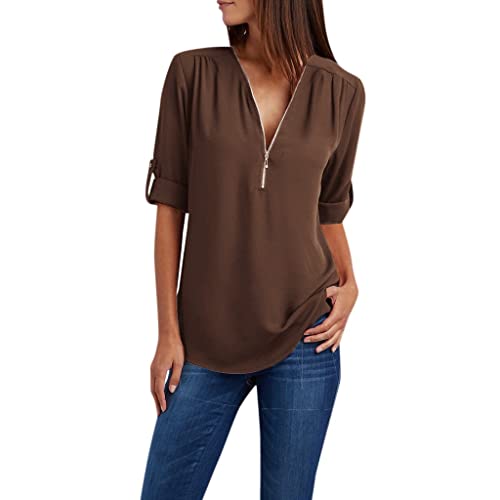 Angebote des Tages Heute Chiffon Bluse Damen Elegant Langarmshirt V-Ausschnitt Tunika Half Zip Longbluse Große Größen Tshirt Langarm Tops Leichte Oberteile Locker T Shirt Einfarbig T-Shirts Blusen von NZYIHAO