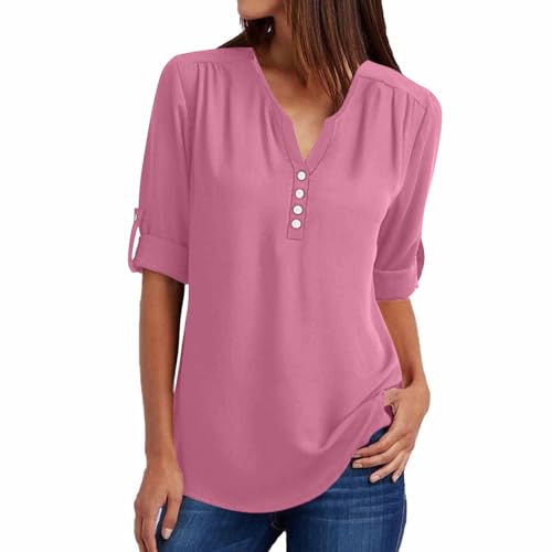Angebote des Tages Heute Chiffon Bluse Damen Elegant Langarmshirt V-Ausschnitt Tunika Half Zip Longbluse Große Größen Tshirt Langarm Tops Leichte Oberteile Locker T Shirt Einfarbig T-Shirts Blusen von NZYIHAO