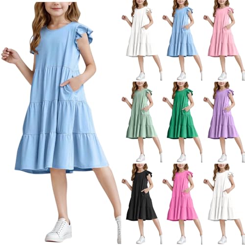 Angebote des Tages Heute Kleider für Mädchen Festliche Sommerkleid Rüschenärmel Kleid Sommer Mädchenkleider A-Linie Freizeitkleid Kurzarm Rundhals Kinderkleider Knielange Klamotten Teenager Mädchen von NZYIHAO