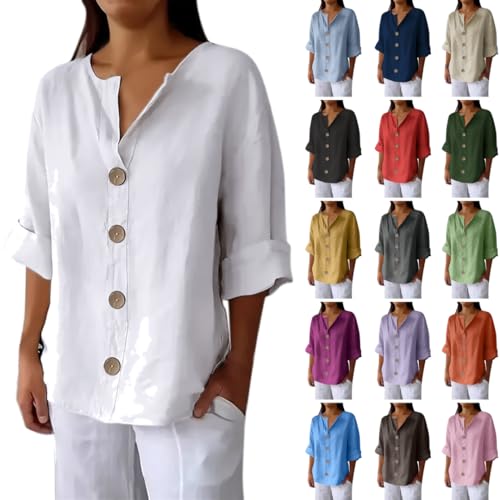 Angebote des Tages Heute Musselin Bluse Damen 3/4 Arm Shirt mit Knöpfen V-Ausschnitt Leinenbluse Elegant Tshirt Sommer Top Baumwolle Leinen Oberteile Große Größen Hemdbluse Leichte Tunika Blusen von NZYIHAO