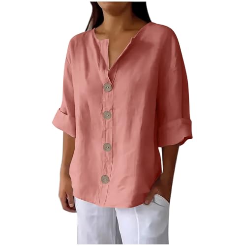 Angebote des Tages Heute Musselin Bluse Damen 3/4 Arm Shirt mit Knöpfen V-Ausschnitt Leinenbluse Elegant Tshirt Sommer Top Baumwolle Leinen Oberteile Große Größen Hemdbluse Leichte Tunika Blusen von NZYIHAO