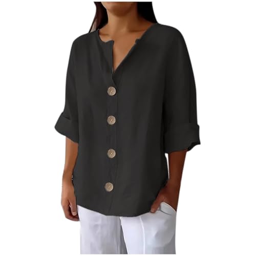 Angebote des Tages Heute Musselin Bluse Damen 3/4 Arm Shirt mit Knöpfen V-Ausschnitt Leinenbluse Elegant Tshirt Sommer Top Baumwolle Leinen Oberteile Große Größen Hemdbluse Leichte Tunika Blusen von NZYIHAO