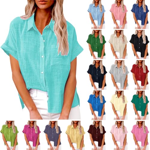 Angebote des Tages Heute Musselin Bluse Damen Button Down Hemd Sommer Leinenbluse Kurzarm Revers Shirt Elegant Tops Baumwolle Leinen Oberteile Große Größen Hemden Einfarbig Leinenhemd Frauen Blusen von NZYIHAO