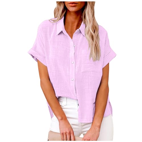 Angebote des Tages Heute Musselin Bluse Damen Button Down Hemd Sommer Leinenbluse Kurzarm Revers Shirt Elegant Tops Baumwolle Leinen Oberteile Große Größen Hemden Einfarbig Leinenhemd Frauen Blusen von NZYIHAO