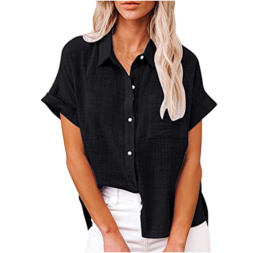 Angebote des Tages Heute Musselin Bluse Damen Button Down Hemd Sommer Leinenbluse Kurzarm Revers Shirt Elegant Tops Baumwolle Leinen Oberteile Große Größen Hemden Einfarbig Leinenhemd Frauen Blusen von NZYIHAO