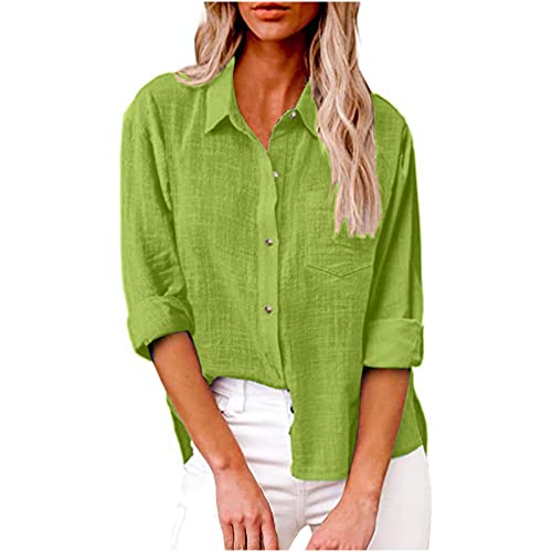 Angebote des Tages Heute Musselin Bluse Damen Elegant Leinenhemd Revers Langarmshirt mit Knöpfen Leichte Leinenbluse Große Größen Shirt Langarm Hemdbluse Baumwolle Leinen Tops Einfarbig Hemdjacke von NZYIHAO