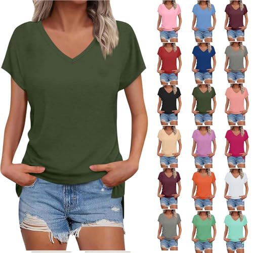 Angebote des Tages Heute Tshirt Damen Kurzarm V Ausschnitt Bluse Sommer Top mit Schlitz Casual Shirt Basic Oberteile Leichte T Shirt Locker Longshirt Bequem T-Shirt Einfarbig Tunika, Armeegrün, S von NZYIHAO