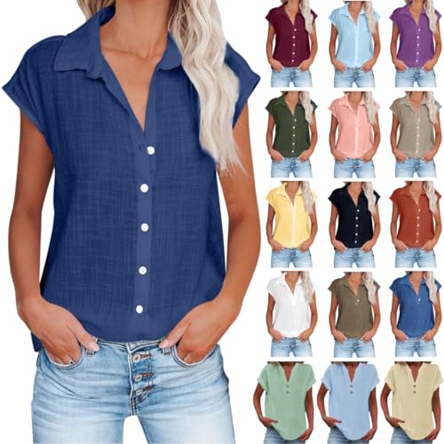 Angebote des Tages Heute blitzangebote Musselin Bluse Damen V-Ausschnitt Tshirt mit Knöpfen Vintage Einfarbig Leinenbluse Sommer Oberteile Kurzarm Hemdbluse Baumwolle Leinen Shirt Große Blusen von NZYIHAO