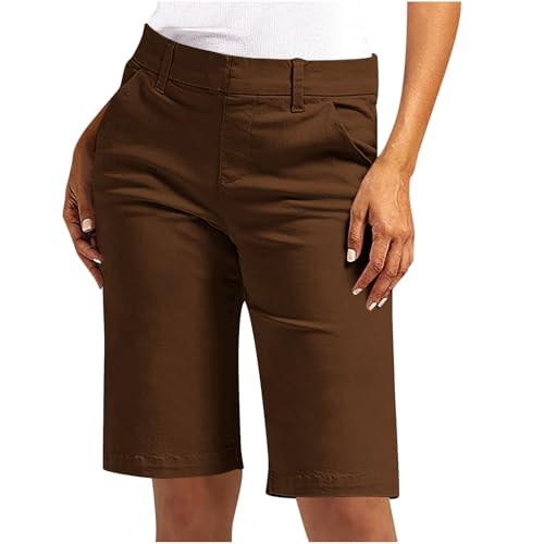 Bermuda Shorts Damen Sommer Kurze Hose Chino Stoffhose Elegant Sommerhose Slim Fit Anzughose Hohe Taille Cargohose Große Größen Chinohose Elastische Freizeithose Businesshose, S-5XL, Dunkelbraun, 3XL von NZYIHAO