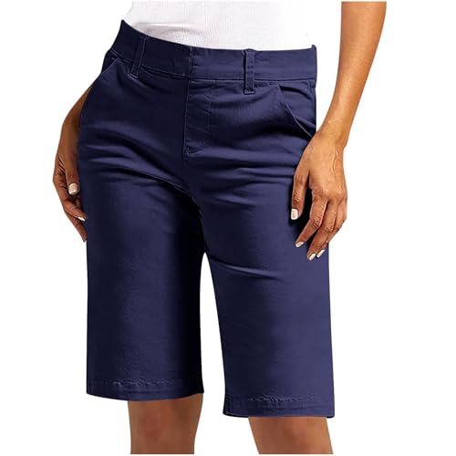 Bermuda Shorts Damen Sommer Kurze Hose Chino Stoffhose Elegant Sommerhose Slim Fit Anzughose Hohe Taille Cargohose Große Größen Chinohose Elastische Freizeithose Businesshose, S-5XL, Marine, 5XL von NZYIHAO