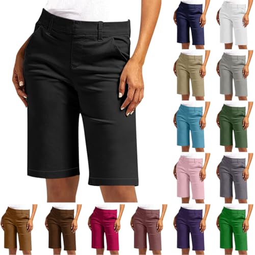 Bermuda Shorts Damen Sommer Kurze Hose Chino Stoffhose Elegant Sommerhose Slim Fit Anzughose Hohe Taille Cargohose Große Größen Chinohose Elastische Freizeithose Businesshose, S-5XL, Schwarz, M von NZYIHAO