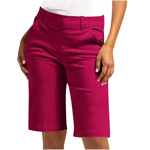 Bermuda Shorts Damen Sommer Kurze Hose Chino Stoffhose Elegant Sommerhose Slim Fit Anzughose Hohe Taille Cargohose Große Größen Chinohose Elastische Freizeithose Businesshose, S-5XL, Z1-Pink, M von NZYIHAO