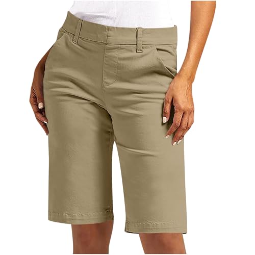 Bermuda Shorts Damen Sommer Kurze Hose Chino Stoffhose Elegant Sommerhose Slim Fit Anzughose Hohe Taille Cargohose Große Größen Chinohose Elastische Freizeithose Taschen Businesshose, S-5XL, Beige, M von NZYIHAO
