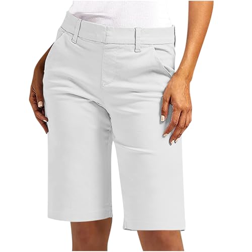 Bermuda Shorts Damen Sommer Kurze Hose Chino Stoffhose Elegant Sommerhose Slim Fit Anzughose Hohe Taille Cargohose Große Größen Chinohose Elastische Freizeithose Taschen Businesshose, S-5XL, Weiß, 5XL von NZYIHAO