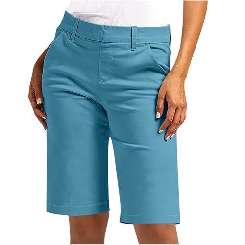 Bermuda Shorts Damen Sommer Kurze Hose Chino Stoffhose Elegant Sommerhose Slim Fit Anzughose Hohe Taille Cargohose Große Größen Chinohose Elastische Freizeithose Taschen Businesshose, S-5XL, Blau, XXL von NZYIHAO