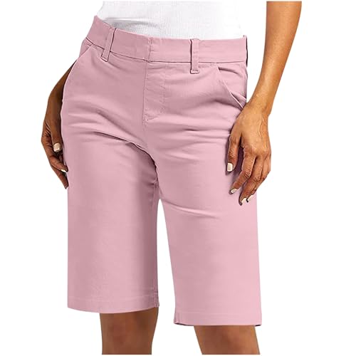 Bermuda Shorts Damen Sommer Kurze Hose Chino Stoffhose Elegant Sommerhose Slim Fit Anzughose Hohe Taille Cargohose Große Größen Chinohose Elastische Freizeithose Taschen Businesshose, S-5XL, Rosa, XL von NZYIHAO