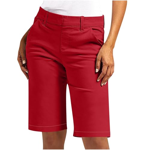 Bermuda Shorts Damen Sommer Kurze Hose Chino Stoffhose Elegant Sommerhose Slim Fit Anzughose Hohe Taille Cargohose Große Größen Chinohose Elastische Freizeithose Taschen Businesshose, S-5XL, Rot, L von NZYIHAO