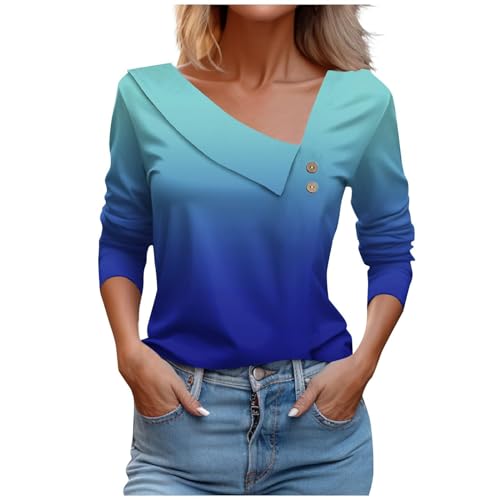 Black Friday Angebote 2024 Pullover Damen V-Ausschnitt Langarmshirt Elegant Pulli mit Knöpfen Bunt / Kariertes / Farbverlauf Druck Oberteile Leichte Sweatshirt Langarm Rundhals Bluse Große Streetwear von NZYIHAO