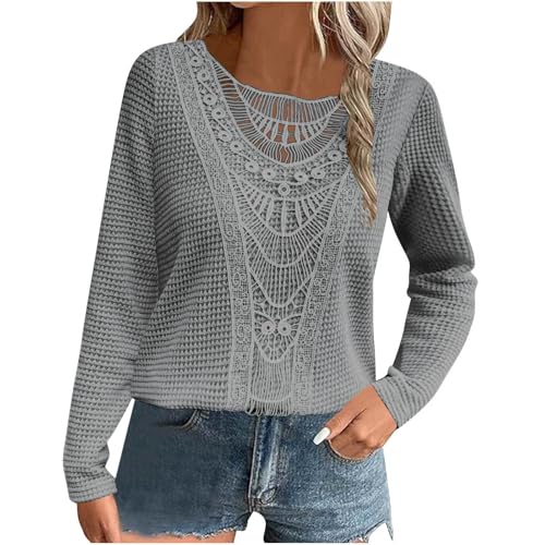 Black Friday Angebote 2024 Strickpullover Damen Spitze Langarmshirt Elegant Pullover Einfarbig Bluse Tops Langarm Shirt Rundhals Spitzenbluse Patchwork Oberteile Leichte Sweatshirt Locker Outwear von NZYIHAO
