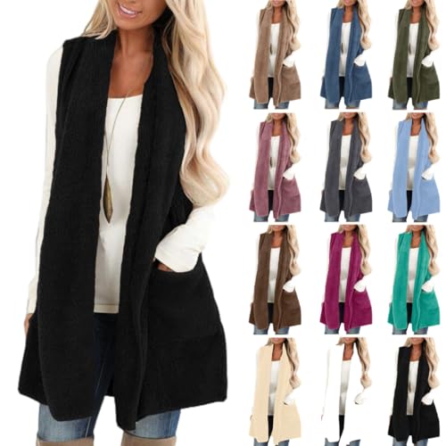 Black Friday Angebote 2024 Teddy Weste Damen Lang Fleeceweste Ärmellos Winterweste Elegant Longweste Fleece Strickjacke Winter Teddyjacke Einfarbig Plüschweste Kuschelig Fleecejacke Locker Westen von NZYIHAO