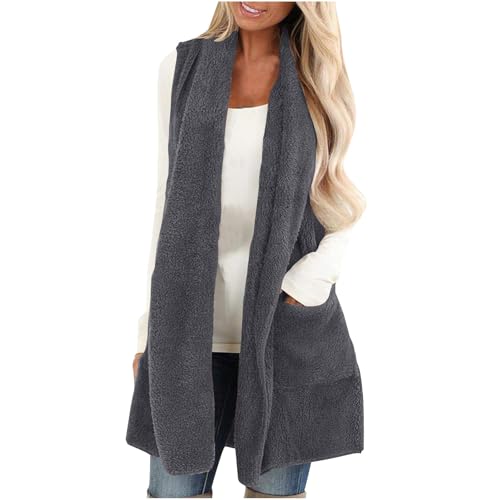Black Friday Angebote 2024 Teddy Weste Damen Lang Fleeceweste Ärmellos Winterweste Elegant Longweste Fleece Strickjacke Winter Teddyjacke Einfarbig Plüschweste Kuschelig Fleecejacke Locker Westen von NZYIHAO