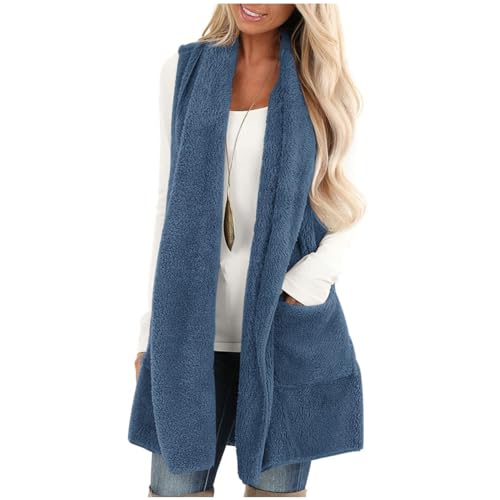 Black Friday Angebote 2024 Teddy Weste Damen Lang Fleeceweste Ärmellos Winterweste Elegant Longweste Fleece Strickjacke Winter Teddyjacke Einfarbig Plüschweste Kuschelig Fleecejacke Locker Westen von NZYIHAO