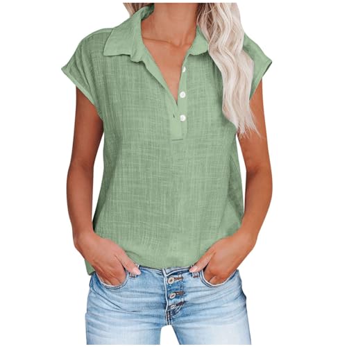 Bluse Damen, Leinenbluse Damen Sommer Langarm Große Größen Hemdbluse Musselin Bluse Damen V-Ausschnitt Tshirt mit Knöpfen Vintage Einfarbig Leinenbluse Sommer Oberteile Kurzarm Hemdbluse Blusen von NZYIHAO