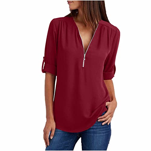 Bluse Damen elegant Chiffon Bluse Damen Elegant Einfarbig Langarmshirt V-Ausschnitt Tshirt mit 1/4 Zipper Sommer Oberteile Locker Shirt Leichte Pullover Große Größen Tunika Bequem Pulli Blusen von NZYIHAO