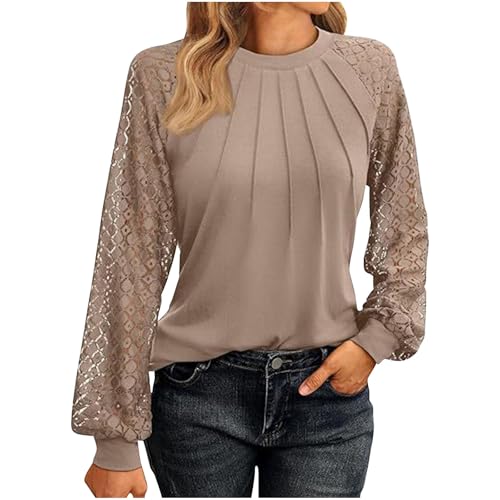 Blusen & Tuniken für Damen Spitzen Langarmshirt Damen Elegant Bluse Spitze Nähen Oberteile Einfarbig Tshirt Langarm Spitzenbluse Rundhals Tops Leichte Shirt Locker Tunika Laternenärmel Blusen von NZYIHAO