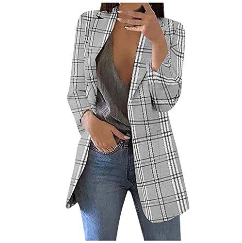 Business Blazer Damen Karierte Druck Jacke Lange Übergangsjacke Langarm Revers Anzugjacke Große Größen Strickjacke Locker Herbstjacke Herbst Winter Longblazer Sakko Mantel mit Taschen Blazerjacke von NZYIHAO