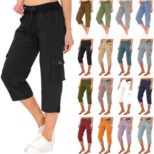 Caprihose Damen Sommer 7/8 Hose Baumwolle Arbeitshose Hohe Taille Sommerhose Einfarbig Sporthose Regular Fit Caprihose Caprihose Damen 3/4 Cargohose Casual Einfarbig Sommerhose Cargo Hosen Pants von NZYIHAO