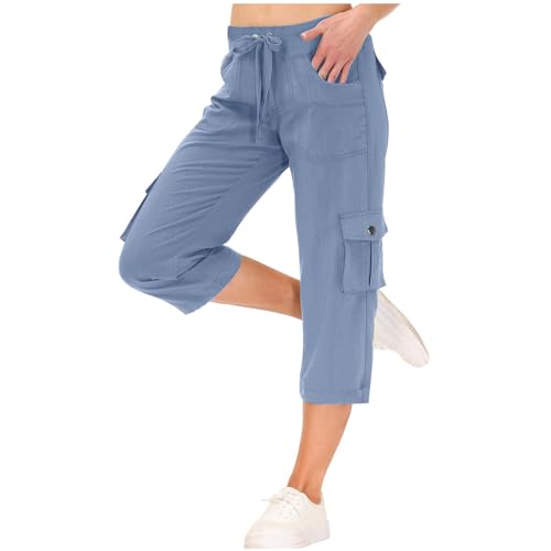 Cargo Hosen Damen Blitzangebote des tages Caprihose Damen 3/4 Cargohose Casual Einfarbig Sommerhose Cargo Hosen Sommer Jogginghose Leichte Hose Große Größen Freizeithose Baumwolle Stoffhose Pants von NZYIHAO
