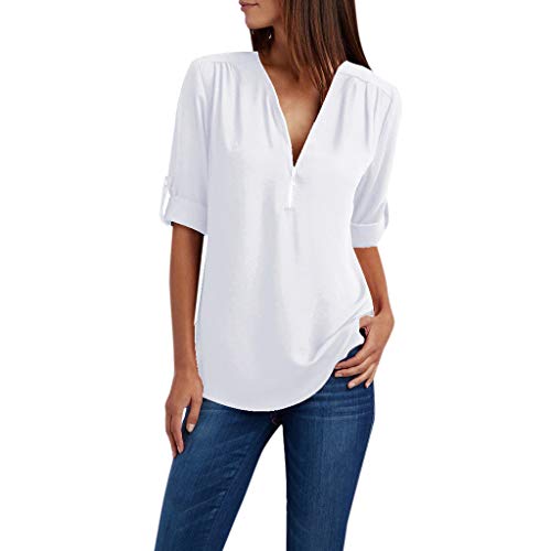 Chiffon Bluse Damen Elegant V-Ausschnitt Tunika Lange Langarmshirt mit Reißverschluss Sommer Einfarbig Oberteile Langarm Tshirt Lose T-Shirt Leicht Pullover Bequem Longbluse Tops Pulli Streetwear von NZYIHAO