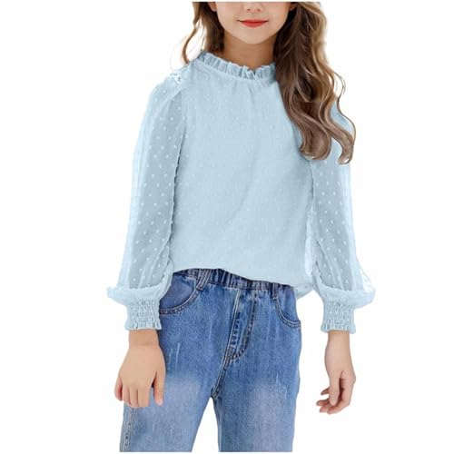 Chiffon Langarmshirt Mädchen Elegant Bluse Sommer Langarm Tshirt Rüschen Ausschnitt Oberteile Kinder Tops Teenager Mädchen T-Shirt Leichte Pullover Locker T Shirt Longsleeve 11-12 Jahre, Blau, 150 von NZYIHAO
