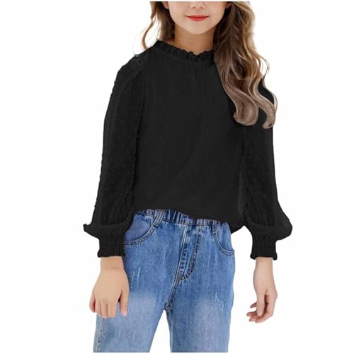 Chiffon Langarmshirt Mädchen Elegant Bluse Sommer Langarm Tshirt Rüschen Ausschnitt Oberteile Kinder Tops Teenager Mädchen T-Shirt Leichte Pullover Locker T Shirt Longsleeve 11-12 Jahre, Schwarz, 150 von NZYIHAO