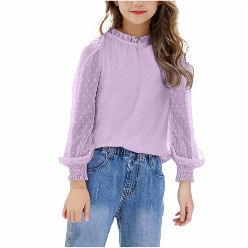 Chiffon Langarmshirt Mädchen Elegant Bluse Sommer Langarm Tshirt Rüschen Ausschnitt Oberteile Kinder Tops Teenager Mädchen T-Shirt Leichte Pullover Locker T Shirt Longsleeve 6-7 Jahre, Violett, 120 von NZYIHAO